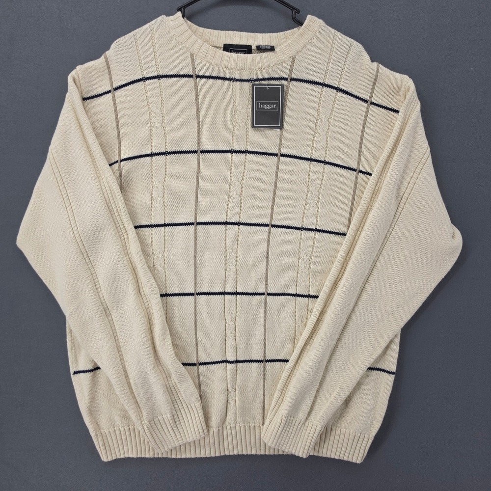 Haggar Mens XXL Cream Cable Knit Striped Cotton Crewneck Sweater 3038 CHIN-I